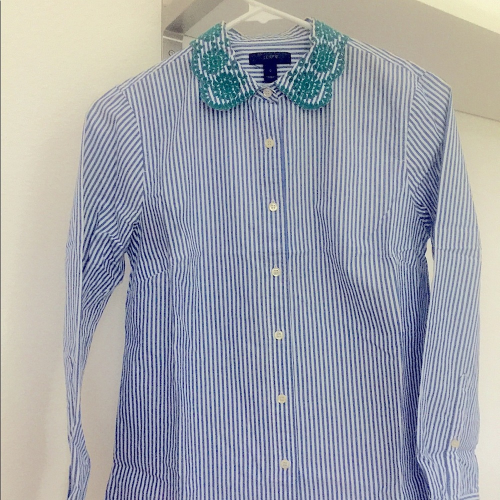 Striped JCrew Button up with embroidered collar